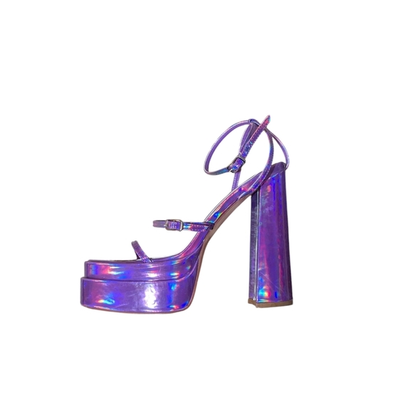 Vivianly Holographic Purple Iridescent Strappy Platform Sandals Heels sz 9 Disco - Picture 1 of 8